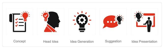 A set of 5 Idea icons as concept, head idea, idea generation vector