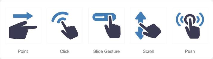 A set of 5 Hands icons as point, click, slide gesture, scroll vector