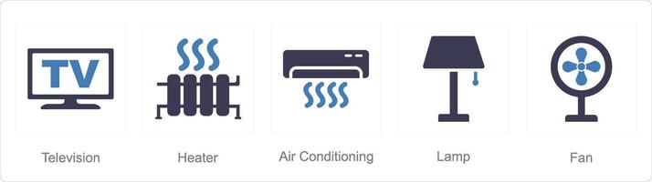 A set of 5 Home Appliance icons as television, heater, air conditioning vector