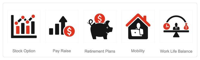 A set of 5 Employee Benefits icons as stock option, pay raise, retirement plans vector