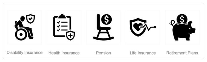 A set of 5 Employee Benefits icons as disability insurance, health insurance, pension vector