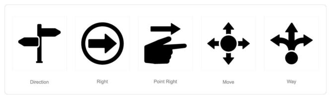 A set of 5 Direction icons as direction, right, point right vector