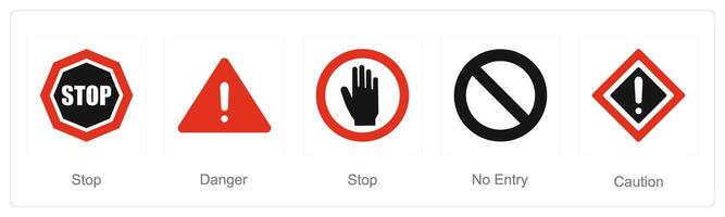 A set of 5 Hazard Danger icons as stop, danger, no entry vector