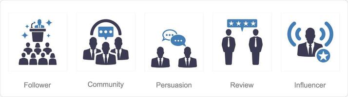 A set of 5 Influencer icons as follower, community, persuasion vector