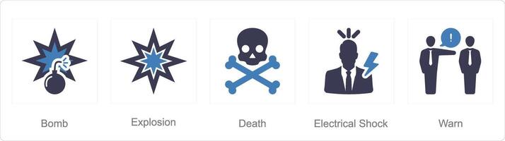 A set of 5 Hazard Danger icons as bomb, explosion, death, electrical shock vector