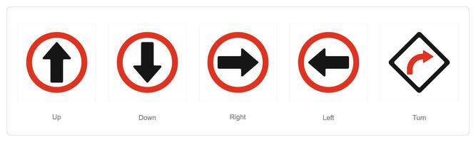 A set of 5 Direction icons as up, down, right vector