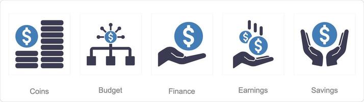 A set of 5 Finance icons as coins, budget, finance vector