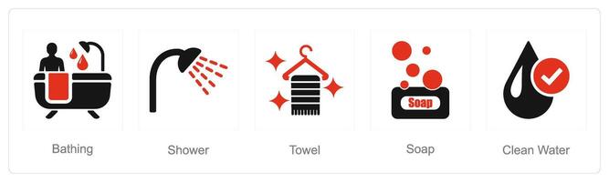 A set of 5 Hygiene icons as bathing, shower, towel vector