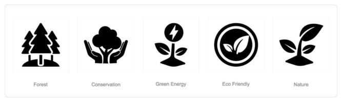 A set of 5 ecology icons as forest, conservation, green energy vector