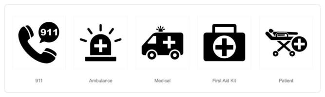 A set of 5 Emergency icons as 911, ambulance, medical vector