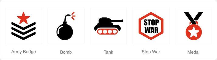 A set of 5 Mix icons as army badge, bomb, tank vector