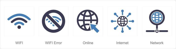 A set of 5 Internet Computer icons as wifi, wifi error, online vector
