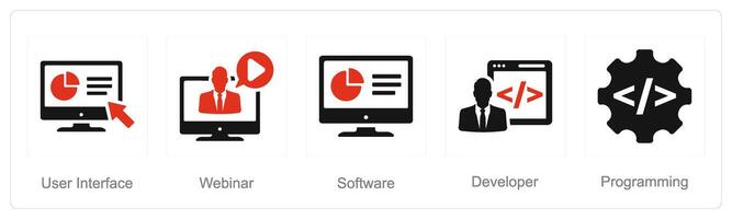 A set of 5 Internet Computer icons as user interface, webinar, software vector