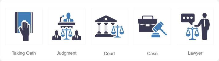 A set of 5 Justice icons as taking oath, judgement, court vector