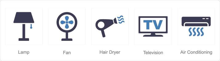 A set of 5 Home Appliance icons as lamp, fan, hair dryer vector