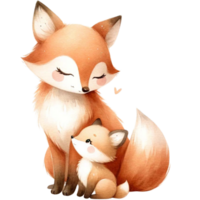 AI generated Mother and baby fox animal watercolor clipart. Ai Generate png