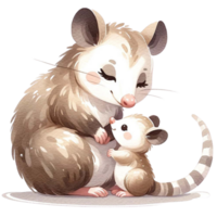 AI generated Mother and baby Possum animal watercolor clipart. Ai Generate png