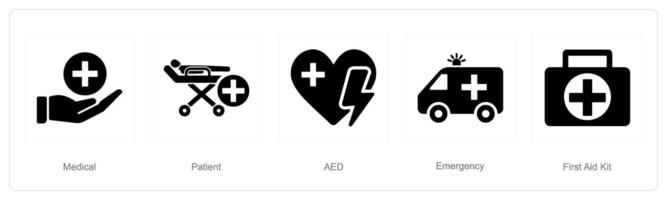 A set of 5 Emergency icons as medical, patient, aed vector