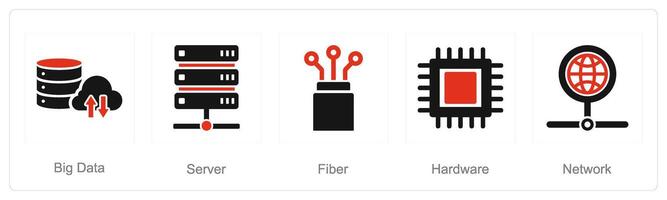 A set of 5 Internet Computer icons as big data, server, fiber vector