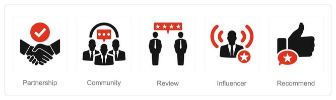 A set of 5 Influencer icons as partnership, community, review vector