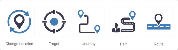 A set of 5 Location icons as change location, target, journey vector