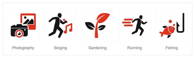 A set of 5 Hobby icons as photography, singing, gardening vector