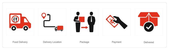 A set of 5 delivery icons as food delivery, delivery location, package vector