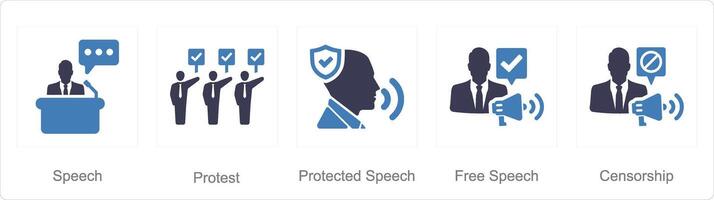 un conjunto de 5 5 libertad de habla íconos como discurso, protesta, protegido habla vector