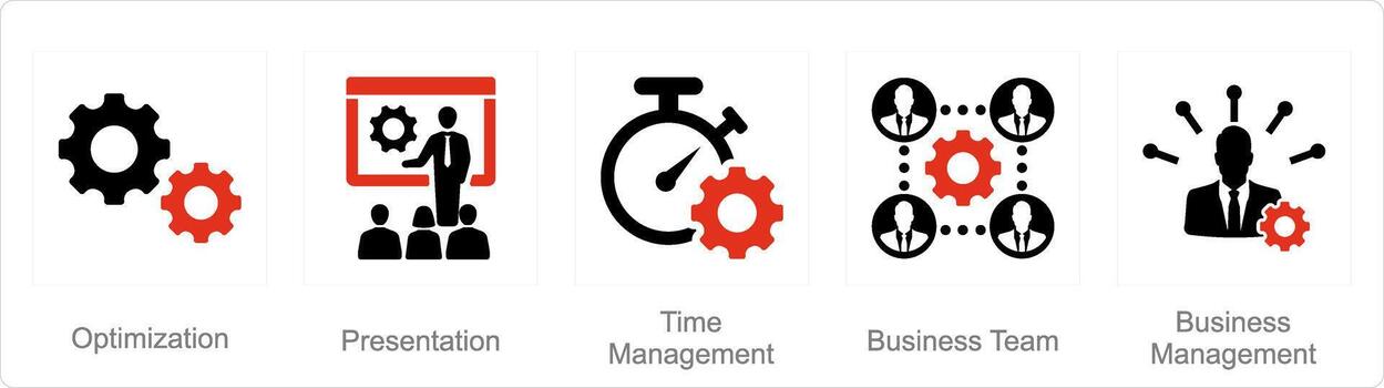 A set of 5 Mix icons as optimization, presentation, time management vector