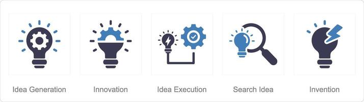 A set of 5 Idea icons as idea generation, innovation, idea execution vector