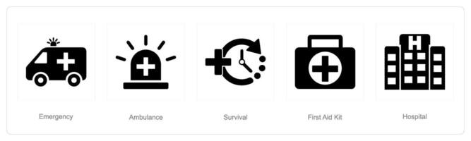 A set of 5 Emergency icons as emergency, ambulance, survival vector