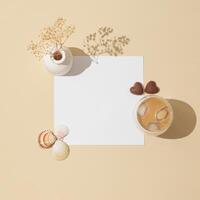 Creative trendy layout made with cup of coffee, chocolate hearts, sea shells, white vase with dry flowers and paper card note copy space on light beige background. Minimal concept. Flat lay. photo