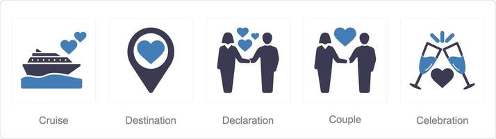 A set of 5 Honeymoon icons as cruise, destination, declaration vector