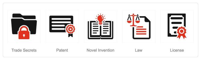 A set of 5 Intellectual Property icons as trade secrets, patent, novel invention vector