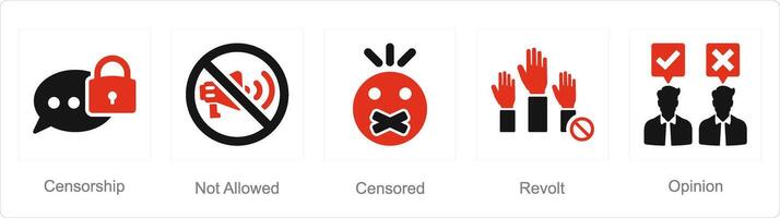 A set of 5 Freedom of Speech icons as censorship, not allowed, censored vector