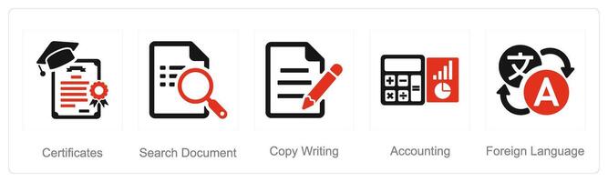 un conjunto de 5 5 difícil habilidades íconos como certificados, buscar documento, Copiar escritura vector