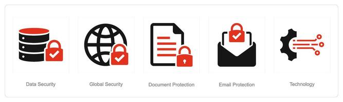 A set of 5 Cyber Security icons as data security, global security, document protection vector