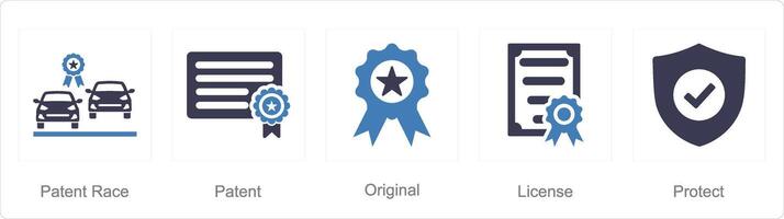 A set of 5 Intellectual Property icons as patent race, patent, original vector