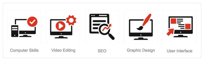 un conjunto de 5 5 difícil habilidades íconos como computadora habilidades, vídeo edición, seo vector