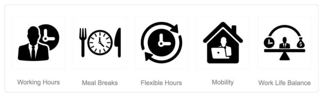 A set of 5 Employee Benefits icons as working hours, meal breaks, flexible hours vector