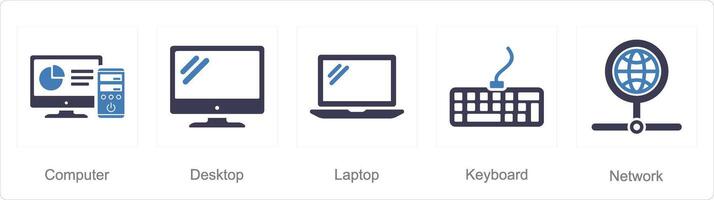 A set of 5 Internet Computer icons as computer, desktop, laptop vector