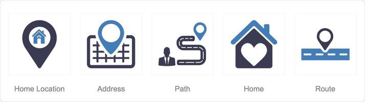 A set of 5 Location icons as home location, address, path vector
