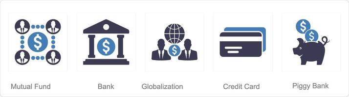 un conjunto de 5 5 Finanzas íconos como mutuo fondos, banco, globalización vector