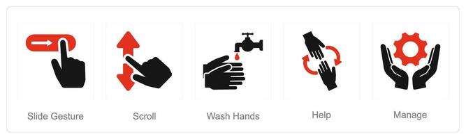 A set of 5 Hands icons as slide gestures, scroll, wash hands vector