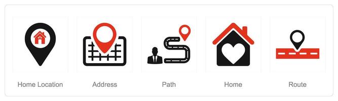 A set of 5 Location icons as home location, address, path vector