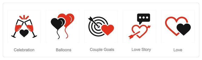 A set of 5 Honeymoon icons as celebration, balloons, couple goals vector