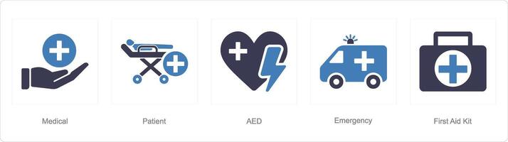 A set of 5 Emergency icons as medical, patient, aed vector