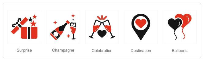 A set of 5 Honeymoon icons as surprise, champagne, celebration vector