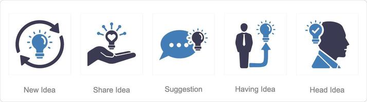 A set of 5 Idea icons as new idea, share idea, suggestion vector