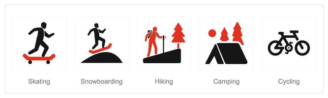 A set of 5 Hobby icons as skating, snowboarding, hiking vector